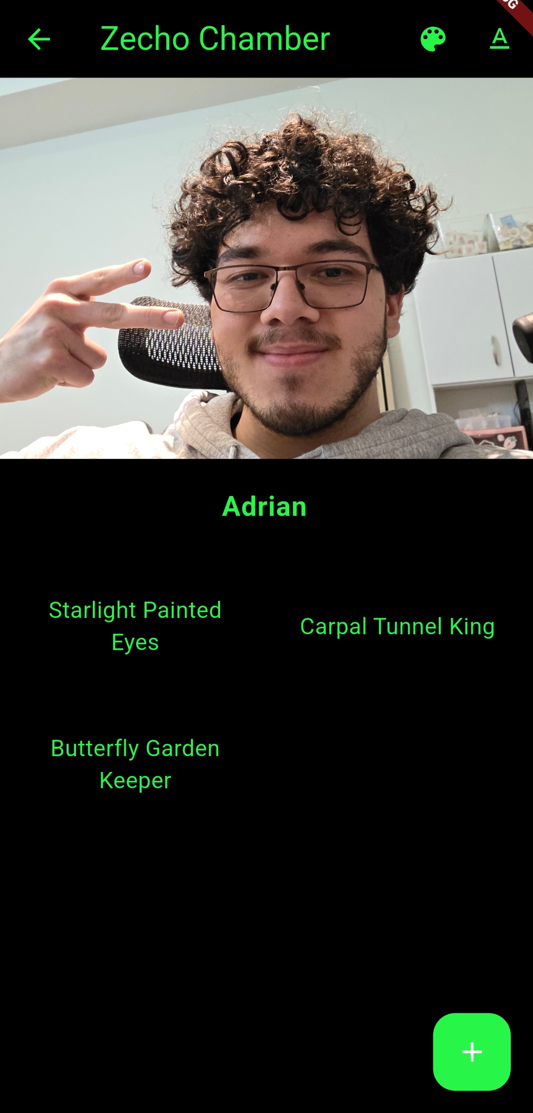 Zecho Chamber screen — your personal identity space with expressive traits