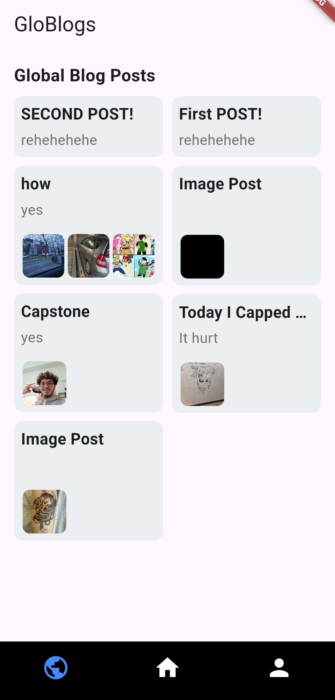 Global Blogs screen — infinite feed of community posts